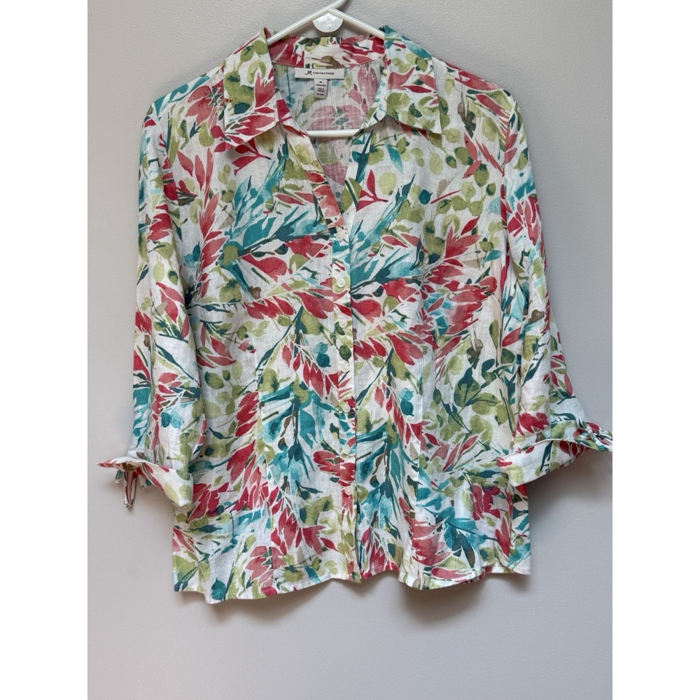 JM Collection Linen Button Shirt Floral 3/4 Sleeves Women 14 Artsy Mature Office